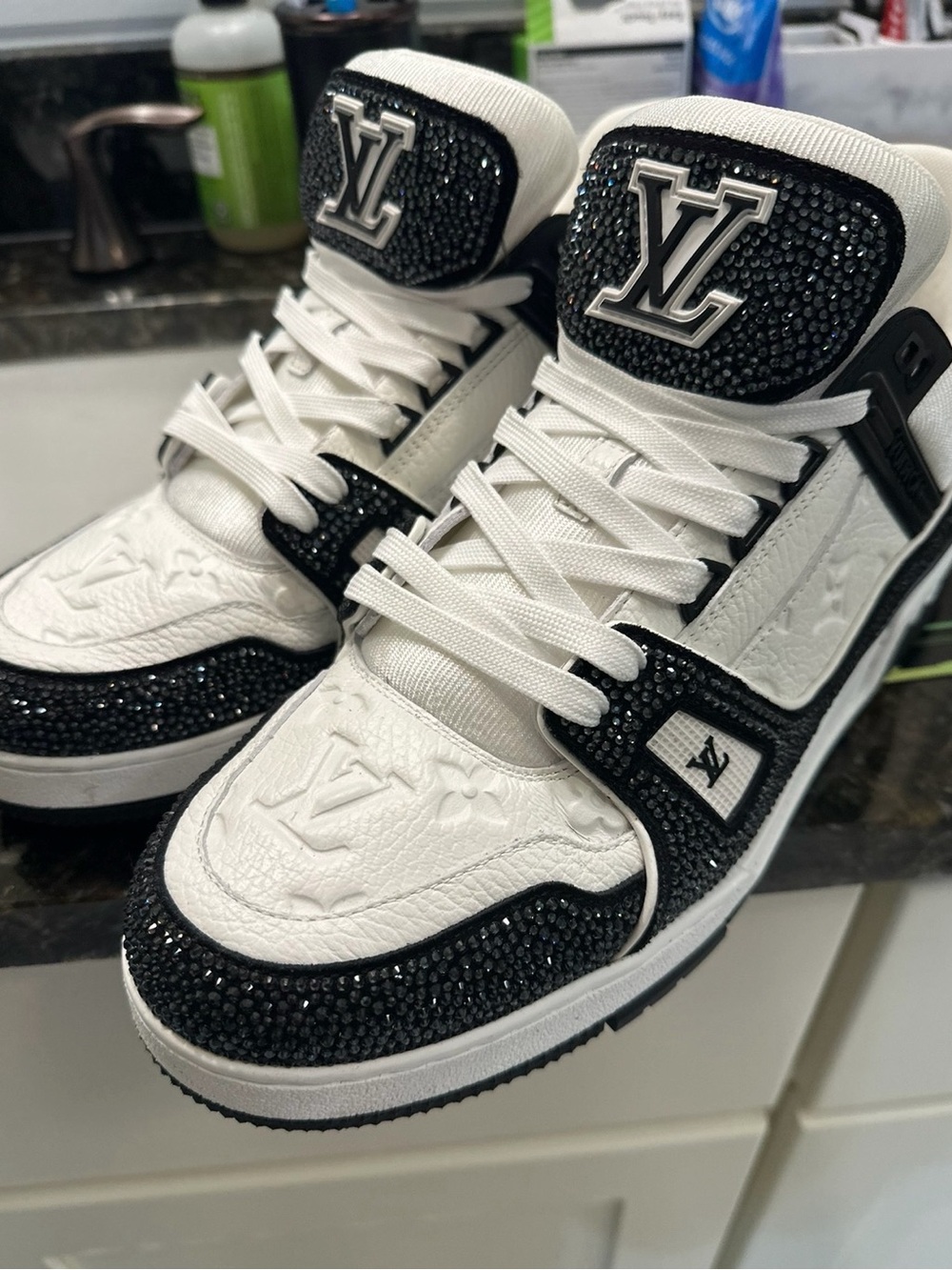 Louis Vuitton White & Black Swarovski Crystal High-Top Sneakers